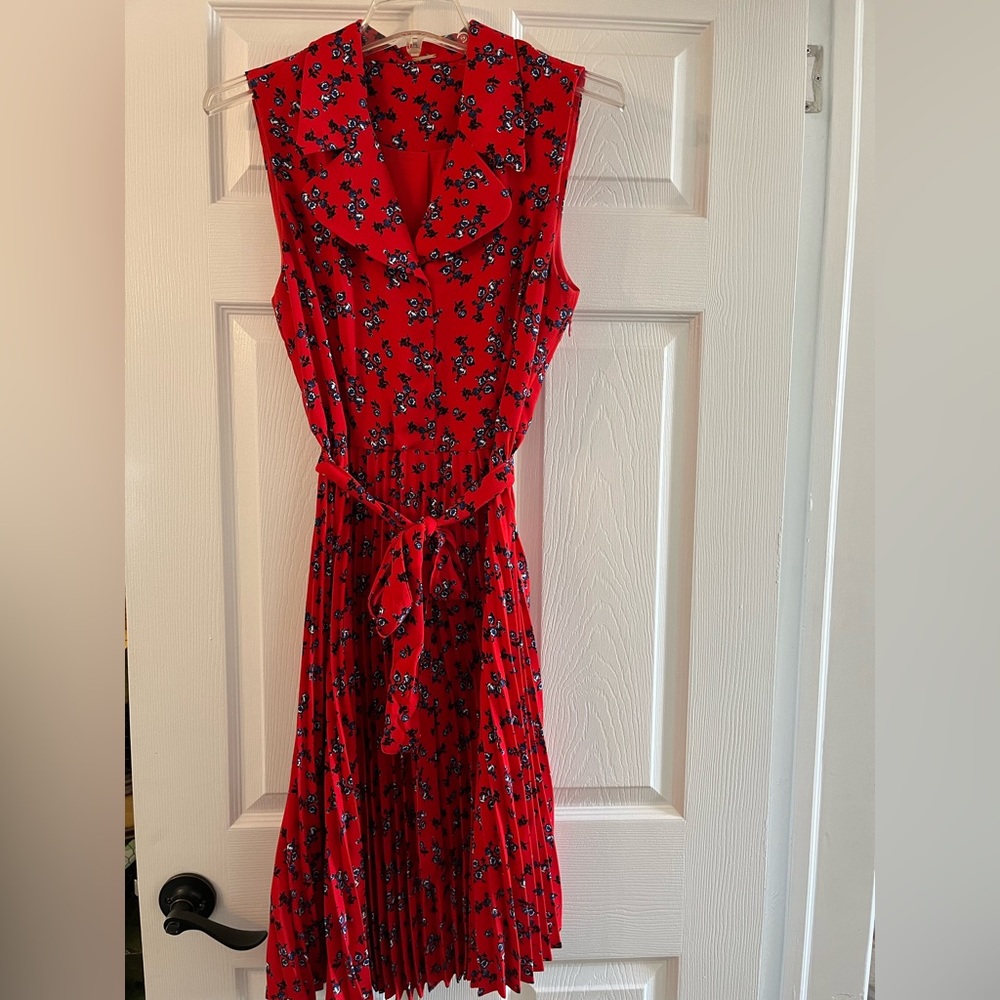 T Tahari, red, sleeveless dress with blue and white flowers. Size 10.